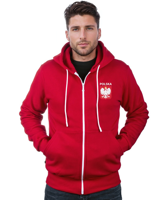 Red sweatshirt of the Polish national team with the emblem and the inscription Poland